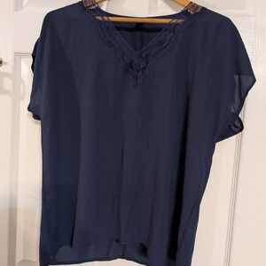 Navy Blue Lace Trim Women's Top